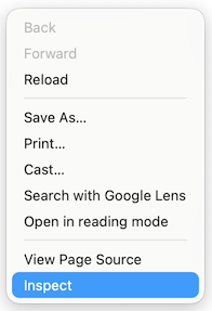 Chrome right-click menu with Inspect highlighted